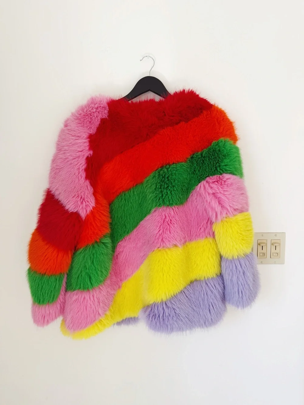 Rainbow Striped Faux Fur Coat - Multicolor